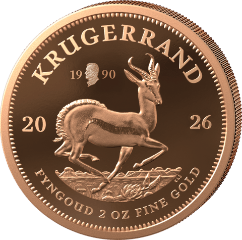 Krugerrand Willy Brandt 2026, springbok side: above the springbok’s back, a small portrait between the numerals 19 and 90