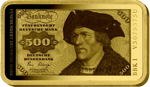 Abbildung des Barrens mit dem Motiv des 500-Mark-Scheins: Bildnis eines bartlosen Mannes