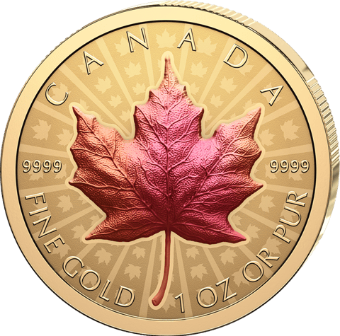 Maple Leaf 2026 als Ultra High Relief: ein rot und orange gefärbtes Ahornblatt im hohen Relief