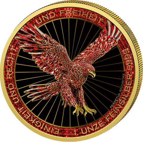 La moneda de color rojo, lado del águila