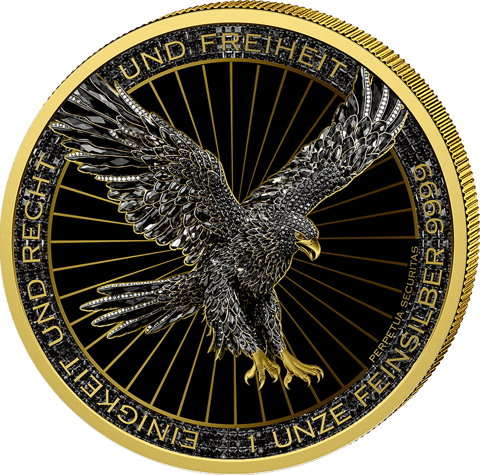 La moneda de color negro, lado del águila