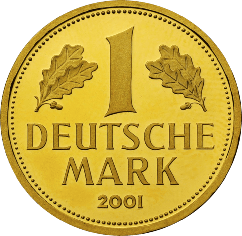 1 Deutsche Mark in Gold von 2001, Wertseite: große Eins zwischen zwei Eichenzweigen, darunter DEUTSCHE MARK 2001