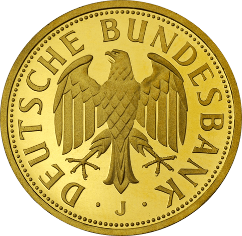 1 Deutsche Mark in Gold, Adlerseite: Bundesadler mit der Umschrift DEUTSCHE BUNDESBANK, darunter das Münzzeichen J
