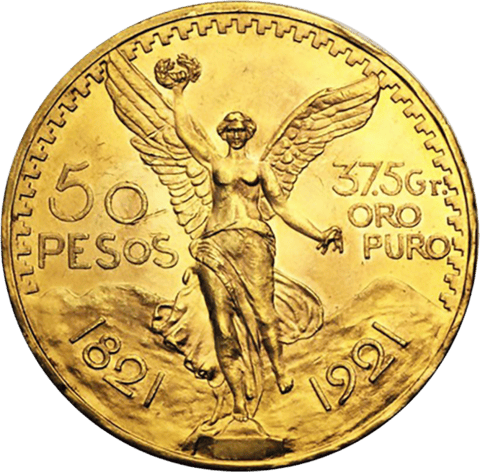 50 Pesos in Gold von 1921, Bildseite: die geflügelte Victoria mit Lorbeerkranz und zerbrochenen Ketten vor zwei Vulkanen, links 50 PESOS, rechts 37.5 Gr. ORO PURO, unten 1821 und 1921
