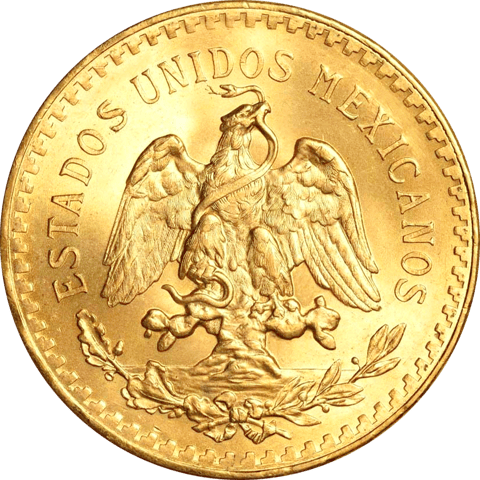 50 Pesos in Gold, Wappenseite: der Adler auf dem Kaktus mit der Schlange im Schnabel, Umschrift ESTADOS UNIDOS MEXICANOS