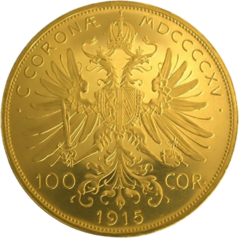 100 Kronen 1915 aus Österreich, Rückseite: gekrönter Doppeladler mit Wappenschild, oben C CORONAE MDCCCCXV, unten 100 COR. und 1915