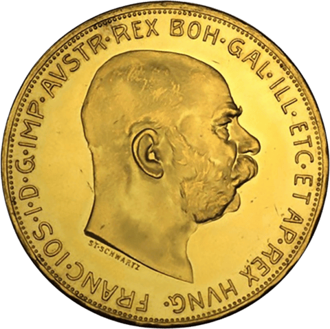 100 Kronen 1915 aus Österreich, Vorderseite: Kopf Kaiser Franz Josephs I. nach rechts, rundherum seine lateinischen Titel, unter dem Hals die Signatur ST. SCHWARTZ