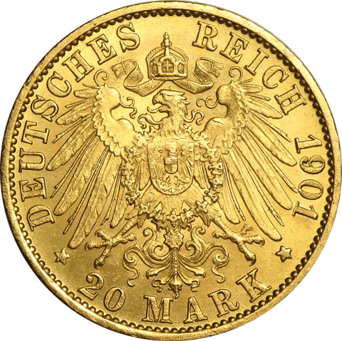 20 Mark, Wertseite: gekrönter Reichsadler, Umschrift DEUTSCHES REICH 1901, Wert 20 MARK