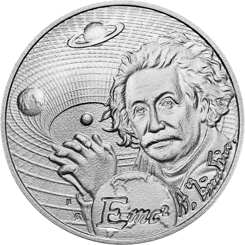 Albert Einstein coin in silver, picture side: portrait, with “E=mc²” and the signature “A. Einstein”
