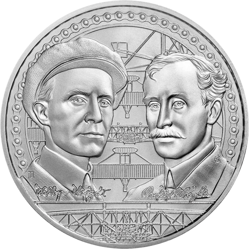 Orville and Wilbur Wright coin in silver, picture side: two portraits with the signatures “Wilbur Wright” and “Orville Wright”, between them a biplane seen from the front