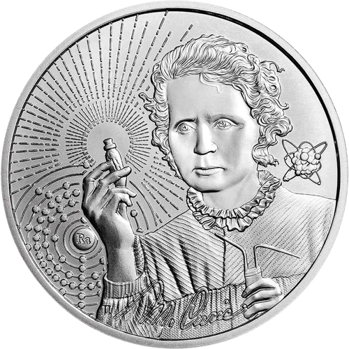 Marie Curie coin in silver, picture side: portrait with a small vial in the raised hand, beside it an atomic model with “Ra”, and the signature “M. Curie”