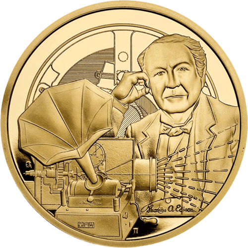 Thomas Edison coin in gold, picture side: portrait with the hand at the ear, beside it a phonograph with a large horn, gears behind it, and the signature “Thomas A. Edison”