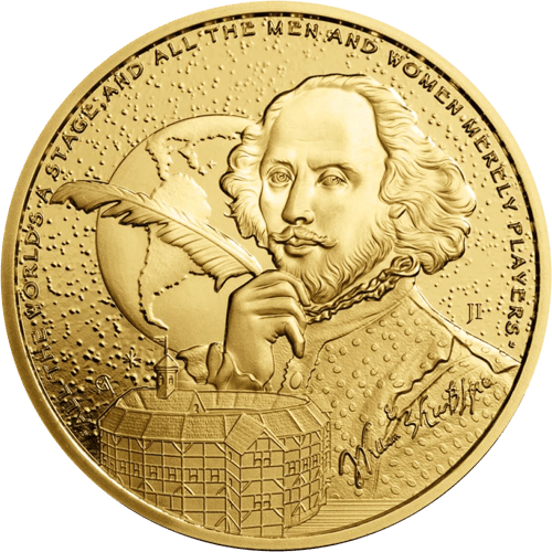 William Shakespeare coin in gold, picture side: portrait with a quill, a globe behind it, a theatre at the bottom, around it the inscription “All the world’s a stage, and all the men and women merely players”, and the signature