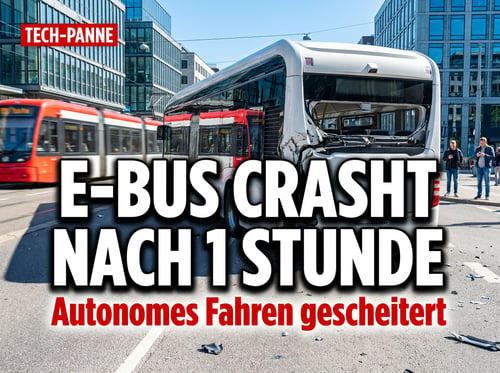 Peinliche Premiere: Selbstfahrender E-Bus crasht schon nach einer Stunde in die Straßenbahn
