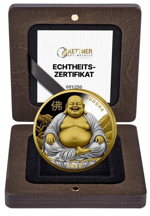 1 Unze Silber Lachender Buddha 2025 (Auflage: 250 | teilvergoldet | Polierte Platte)