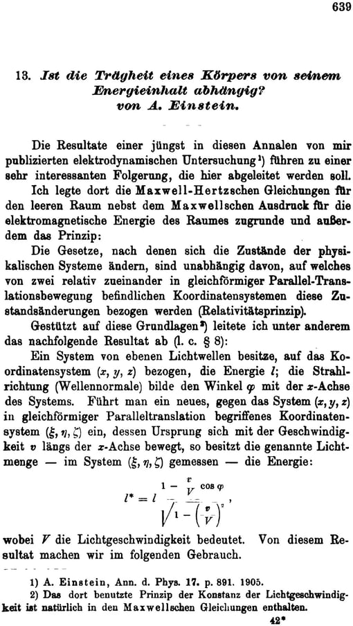 First page of the second paper: at the top the page number 639, beneath it the title “13. Ist die Trägheit eines Körpers von seinem Energieinhalt abhängig? von A. Einstein.”, in the text a formula, at the foot two footnotes.