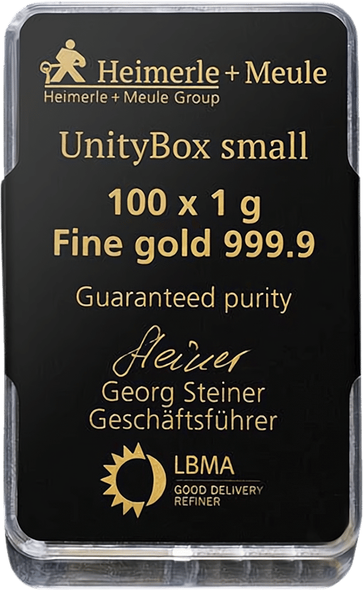100 x 1g Goldbarren Heimerle und Meule UnityBox