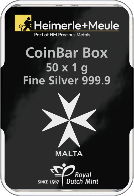 50 x 1g Silber Heimerle und Meule Malta Münzbarren UnityBox