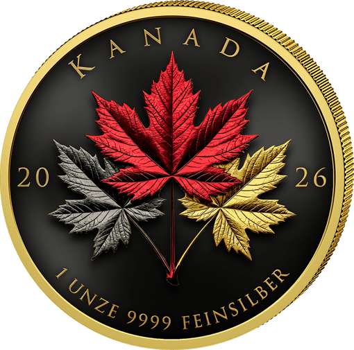 1 Unze Silber Triple Maple Leaf Deutschland Edition 2026 (Auflage: 100 | teilvergoldet | Polierte Platte)