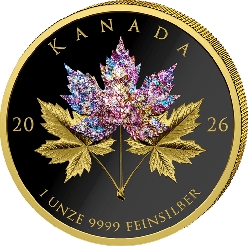 1 Unze Silber Kanada Triple Maple Leaf Bornit 2026 (Auflage: 100 | Vergoldet | Polierte Platte)