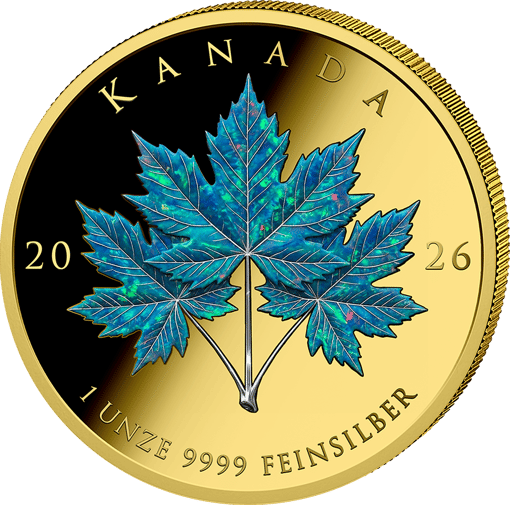 1 Unze Silber Triple Maple Leaf Opal 2026 (Auflage: 100 | Opal | vergoldet)