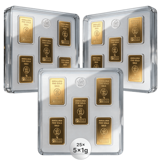 25 x 5g Goldbarren Heimerle und Meule UnityBar