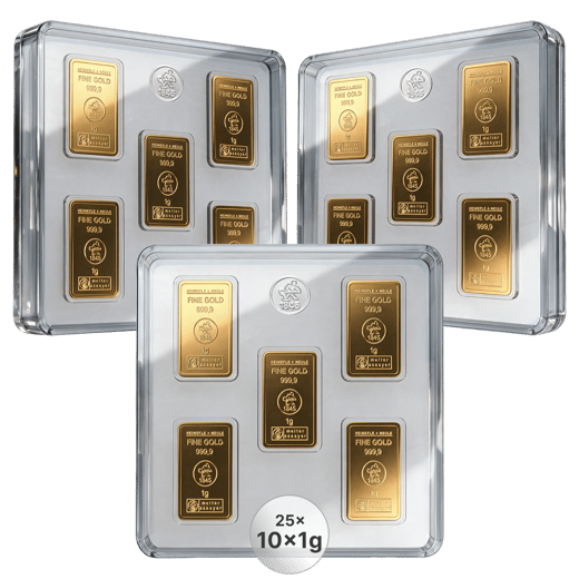 25 x 10 g Goldbarren Heimerle und Meule UnityBar