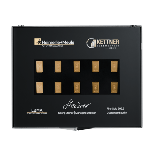 10 x 0.5g Gold Bars Heimerle und Meule Collector's Box