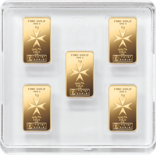 5 x 1g Gold Heimerle und Meule Malta Münzbarren UnityBar
