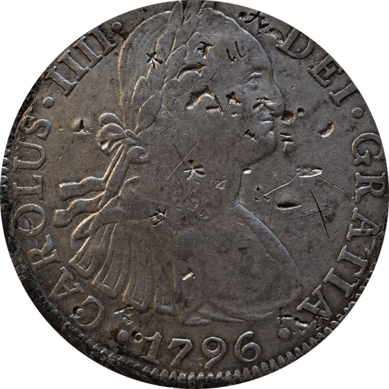 Silbermünze von 1796: Brustbild König Karls IV. mit Lorbeerkranz, ringsum CAROLUS IIII DEI GRATIA, auf Kopf und Brust viele kleine eingeschlagene Zeichen