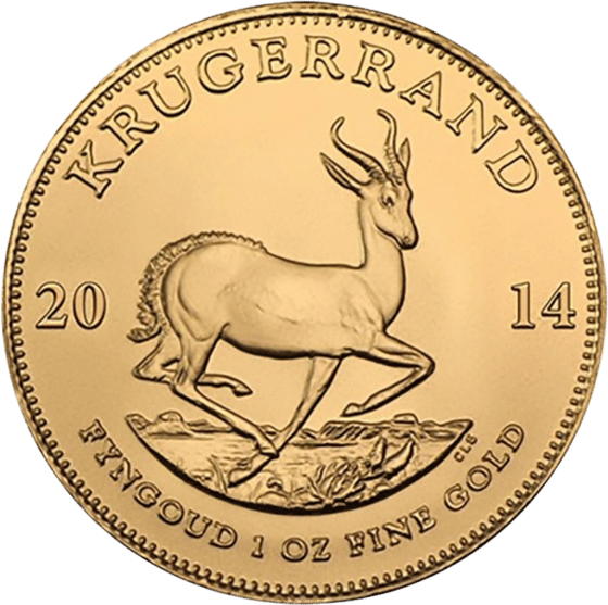 Seite mit dem Springbock im Sprung, darüber KRUGERRAND und links und rechts die Jahreszahl 2014