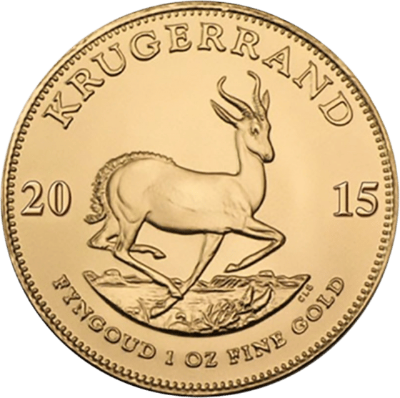 Seite mit dem Springbock im Sprung, darüber KRUGERRAND und links und rechts die Jahreszahl 2015