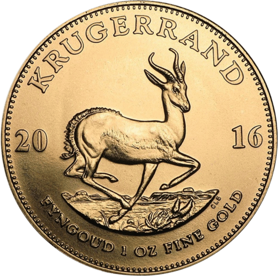 Seite mit dem Springbock im Sprung, darüber KRUGERRAND und links und rechts die Jahreszahl 2016