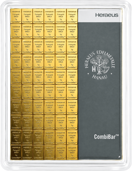 CombiBar en su estuche, una tableta de lingotes de un gramo cada uno