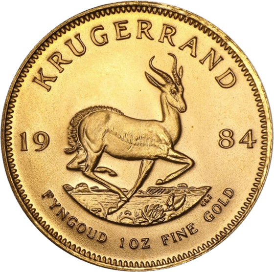 Lado con el springbok en pleno salto, encima la inscripción KRUGERRAND y a izquierda y derecha el año 1984