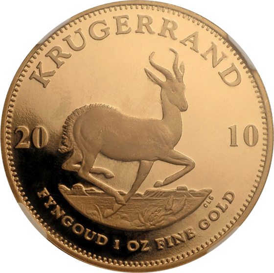 Seite mit dem Springbock im Sprung, darüber KRUGERRAND und links und rechts die Jahreszahl 2010