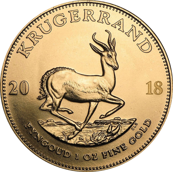 Seite mit dem Springbock im Sprung, darüber KRUGERRAND und links und rechts die Jahreszahl 2018
