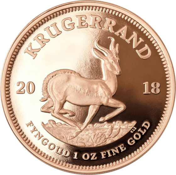 Lado con el springbok en pleno salto, encima la inscripción KRUGERRAND y a izquierda y derecha el año 2018