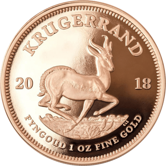 Lado con el springbok en pleno salto, encima la inscripción KRUGERRAND y a izquierda y derecha el año 2018