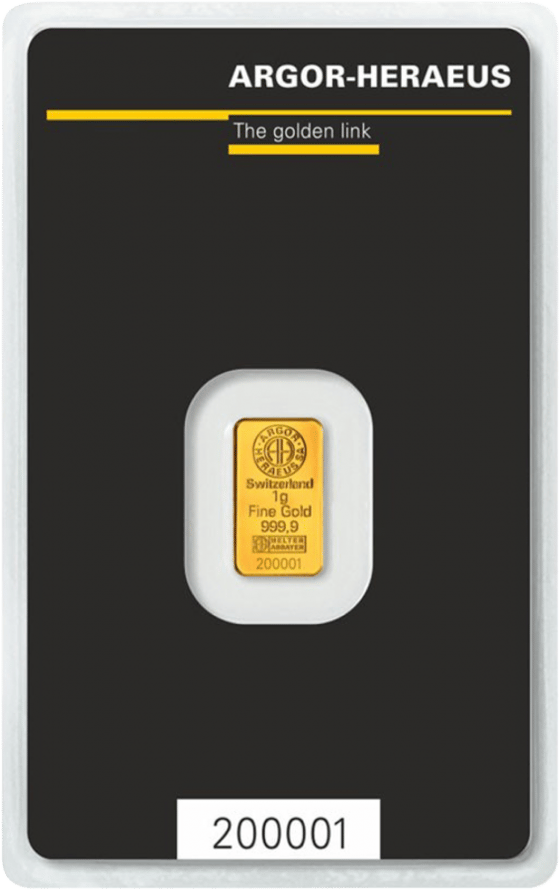 Minted gold bar in its card, bearing Argor-Heraeus SA, Switzerland, the weight, Fine Gold 999.9, the assayer’s mark and the number