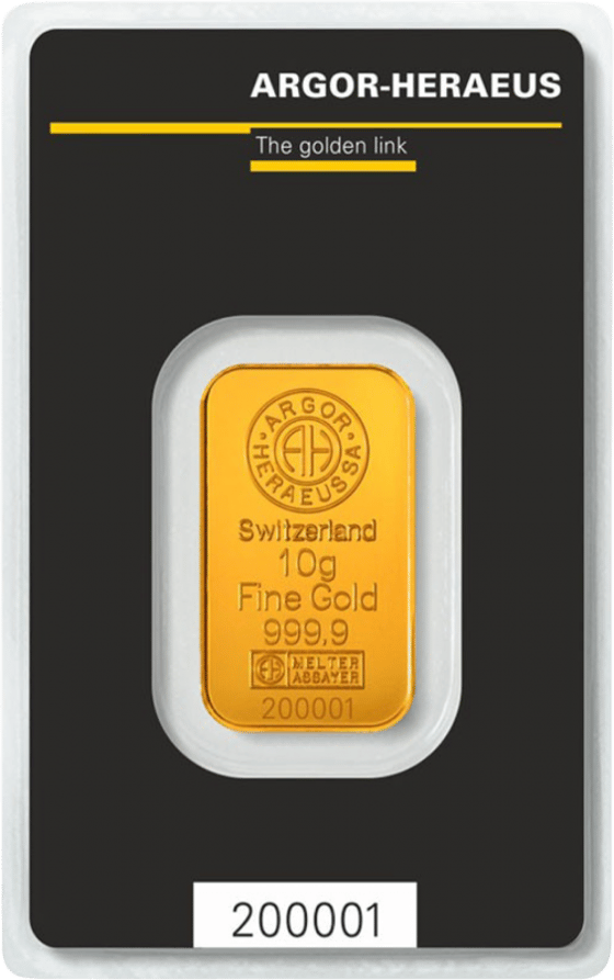 Minted gold bar in its card, bearing Argor-Heraeus SA, Switzerland, the weight, Fine Gold 999.9, the assayer’s mark and the number