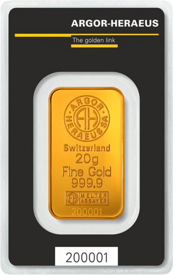 Minted gold bar in its card, bearing Argor-Heraeus SA, Switzerland, the weight, Fine Gold 999.9, the assayer’s mark and the number
