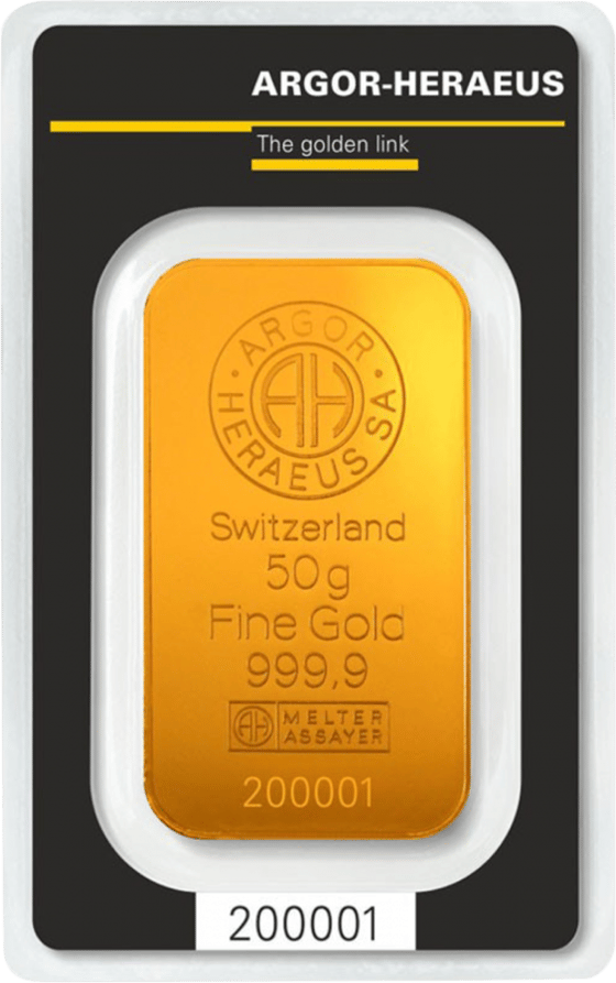 Lingote de oro acuñado en su tarjeta, con Argor-Heraeus SA, Switzerland, el peso, Fine Gold 999,9, la marca de ensayador y el número