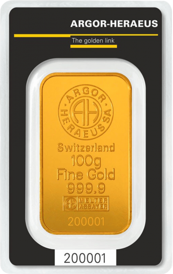 Minted gold bar in its card, bearing Argor-Heraeus SA, Switzerland, the weight, Fine Gold 999.9, the assayer’s mark and the number