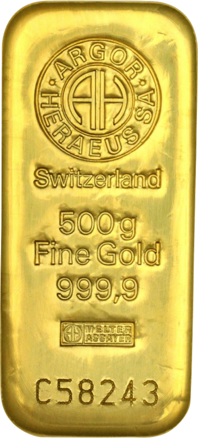Cast gold bar bearing Argor-Heraeus SA, Switzerland, the weight, the fineness, the assayer’s mark and the number