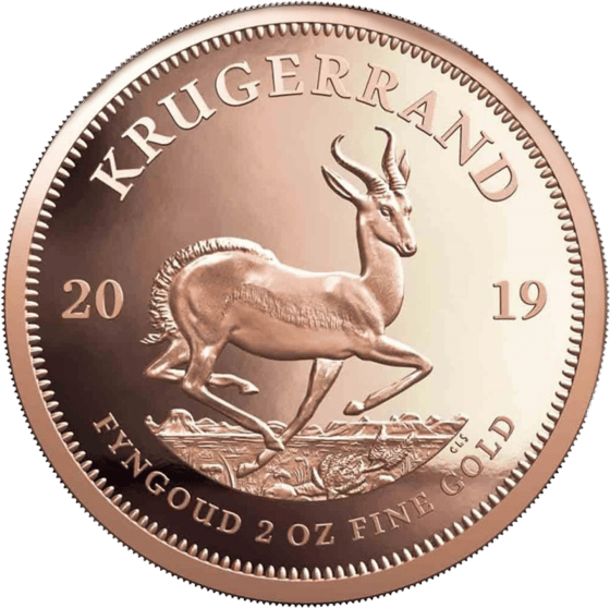 Lado con el springbok en pleno salto, encima la inscripción KRUGERRAND y a izquierda y derecha el año 2019