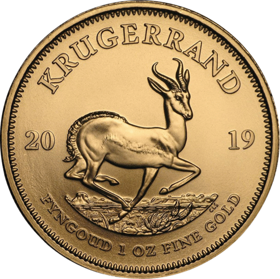 Seite mit dem Springbock im Sprung, darüber KRUGERRAND und links und rechts die Jahreszahl 2019