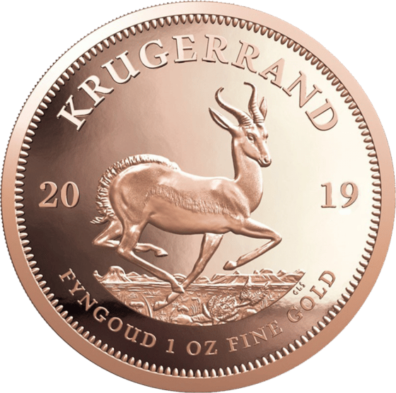 Lado con el springbok en pleno salto, encima la inscripción KRUGERRAND y a izquierda y derecha el año 2019