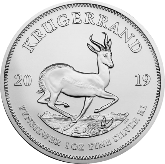 Seite mit dem Springbock im Sprung, darüber KRUGERRAND und links und rechts die Jahreszahl 2019