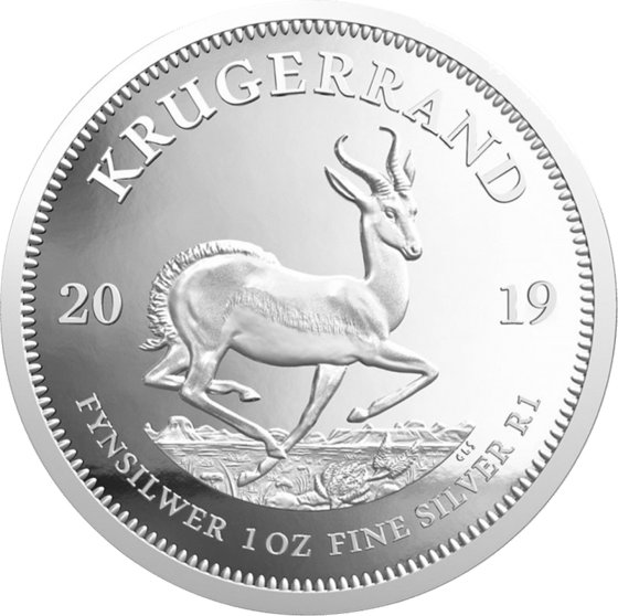 Lado con el springbok en pleno salto, encima la inscripción KRUGERRAND y a izquierda y derecha el año 2019